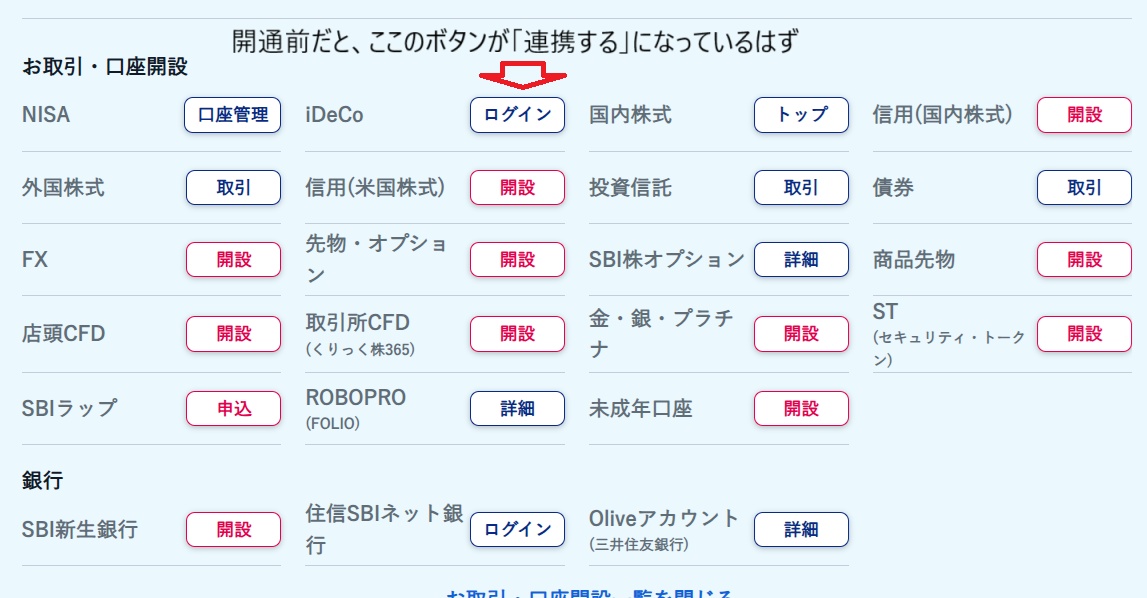 iDeCoを連携する on SBI証券